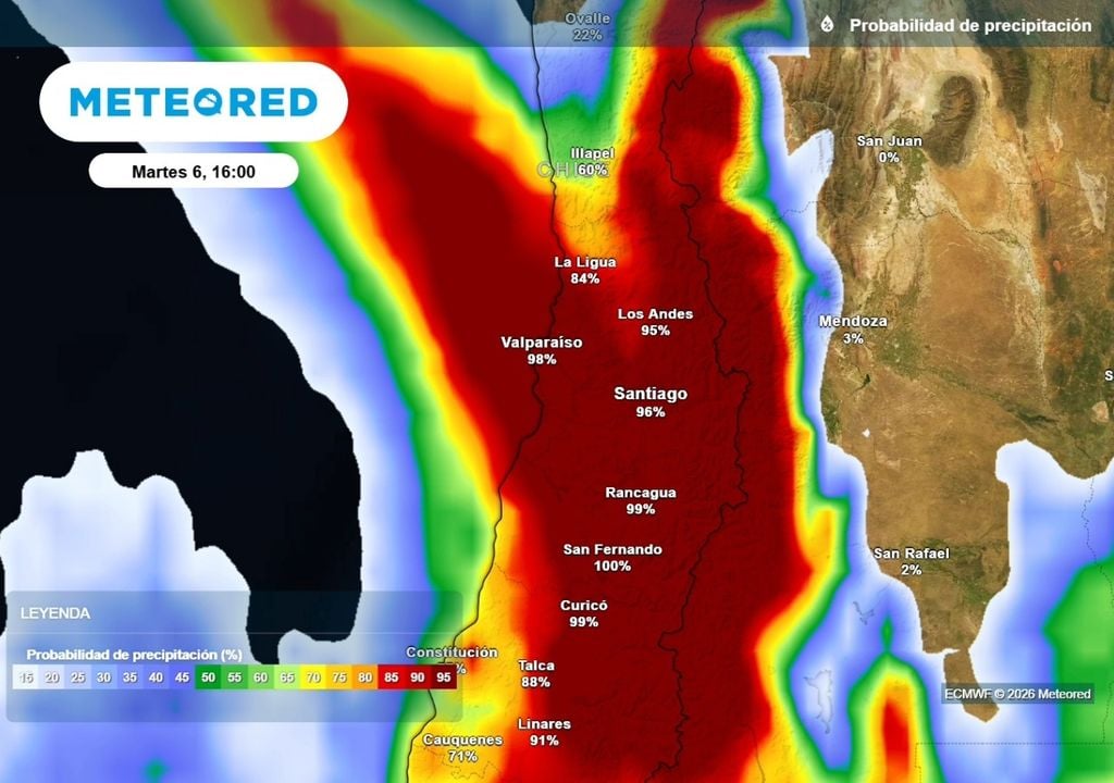 Probabilidad Lluvias más que confirmadas en Santiago: probabilidad de ocurrencia supera el 90 % este martes.