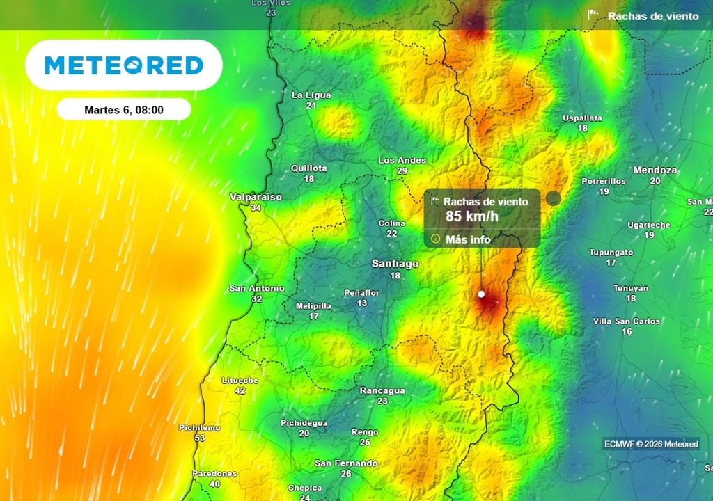 Rachas de viento Evidente incremento de las rachas de viento con la llegada del frente a Santiago: en zonas cordilleranas de la RM serán mayores las velocidades.