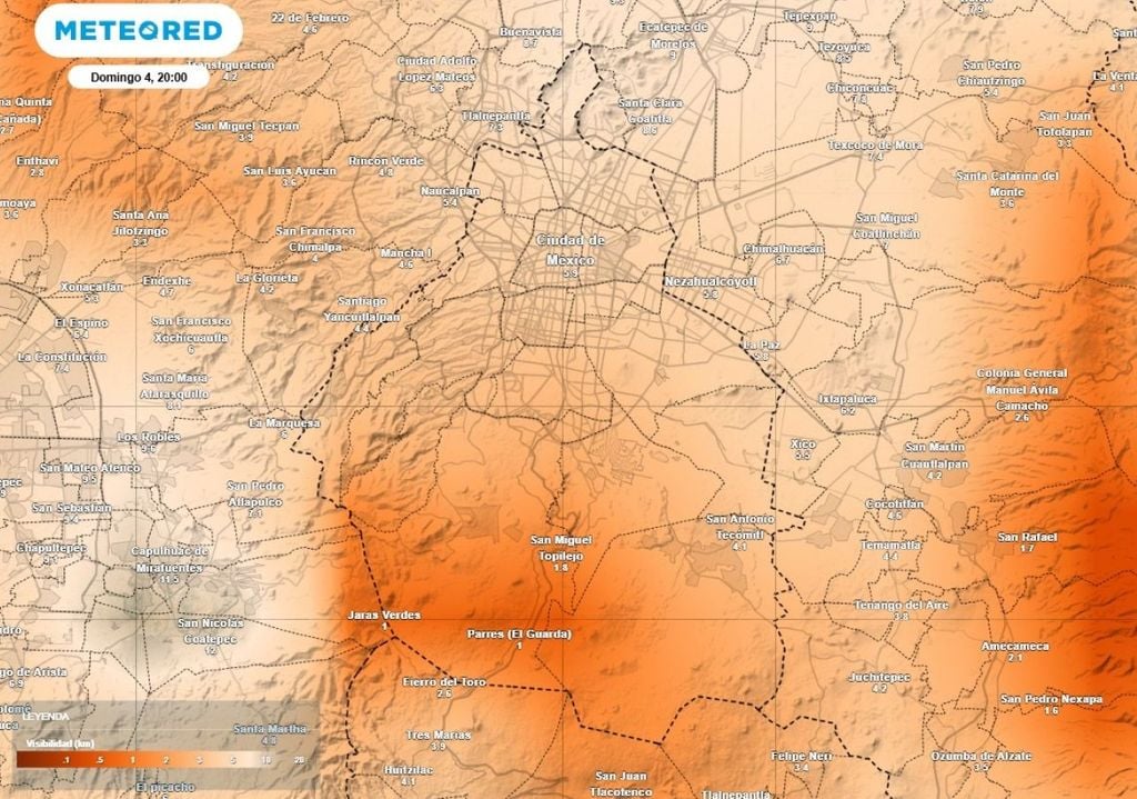 La visibilidad nocturna en Magdalena Contreras, Milpa Alta, Tlalpan y Xochimilco será menor a 1 km debido a las lluvias y nubosidad densa esta tarde y noche.