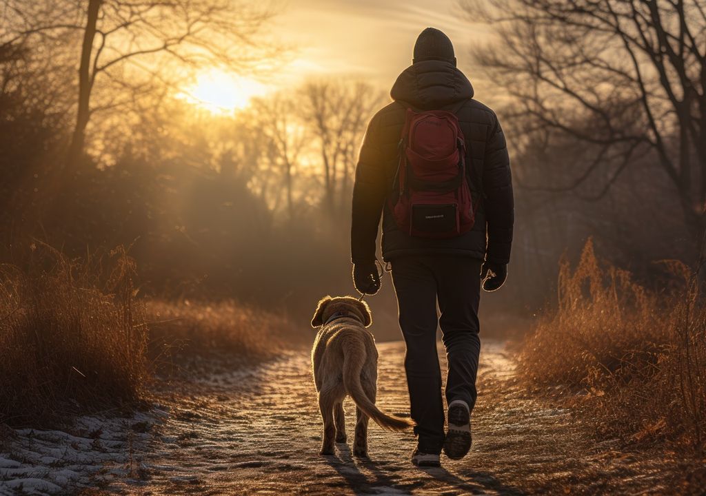 persona y perro caminando por un sendero en un día frío hacia el nascer del Sol.