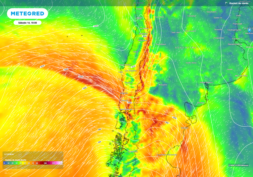 El contraste de temperatura de las masas de aire cálida en el centro y el aire frío del sur favorecerá la intensificación del viento en el avance del sistema frontal por el sur de Chile.