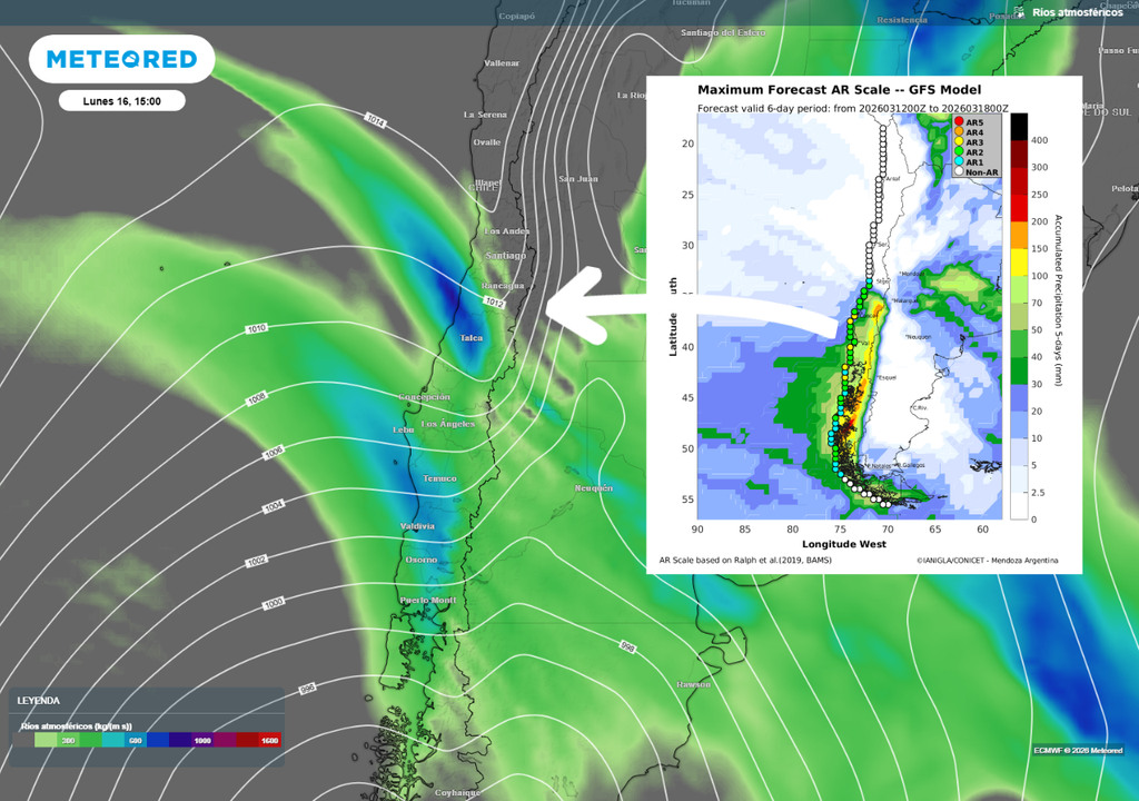 La banda frontal continuará recibiendo aporte de vapor de un río atmosférico en su avance por el centro norte.
