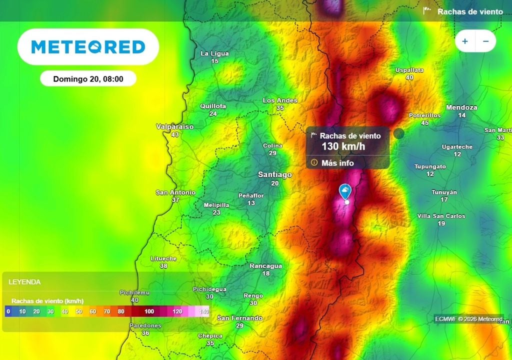 Rachas de viento ECMWF Modelo europeo prevé fuertes vientos en la alta cordillera, con rachas que superarían los 100 km/h. En el valle también tendremos un aumento en las rachas.