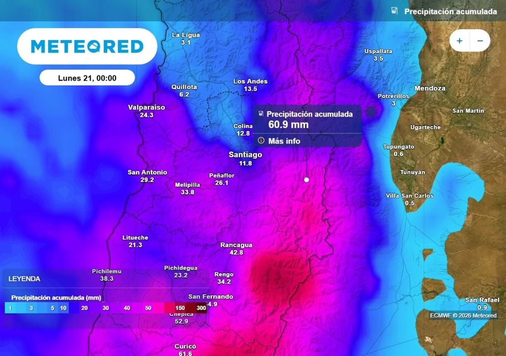 Precipitación acumulada Modelo europeo: las precipitaciones se presentarán irregulares, aunque lo más intenso se concentrará en zonas cordilleranas.