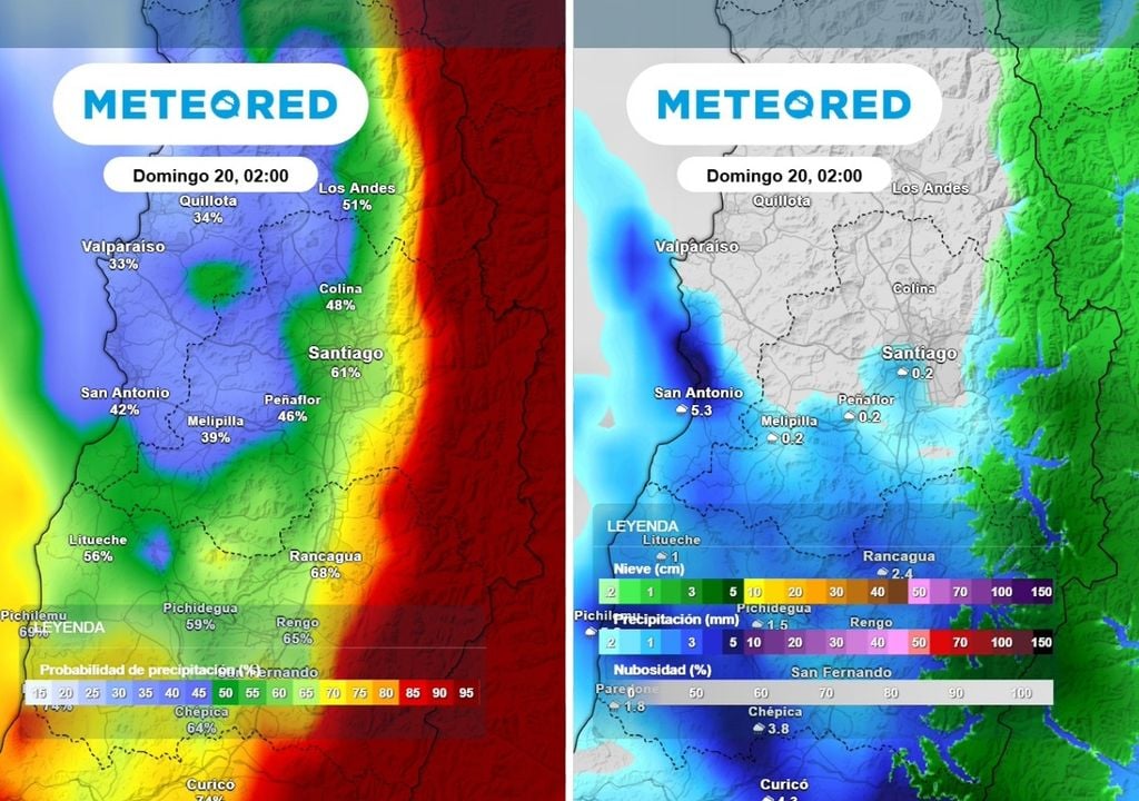 Probabilidad de lluvias Durante la madrugada del domingo Santiago presenta probabilidad de precipitaciones en torno al 60 %, mientras que, este valor se eleva hacia la cordillera.
