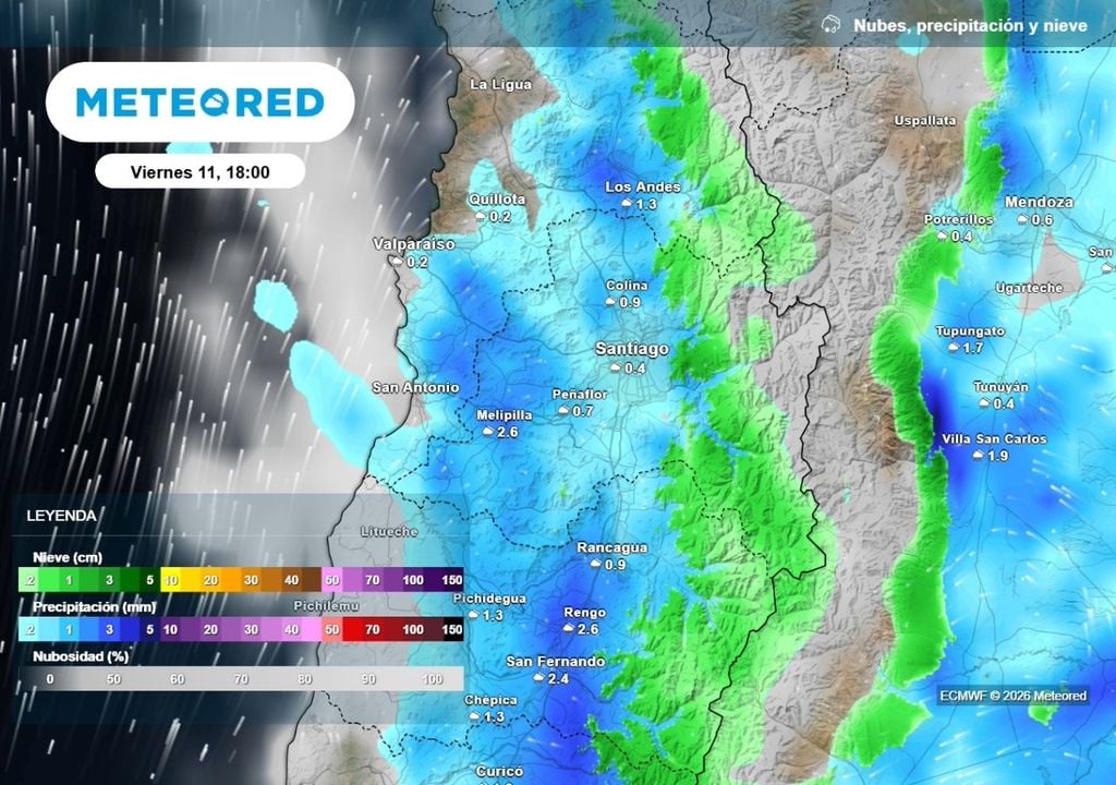 Lluvias El viernes un nuevo puslo de precipitaciones tendrá oportunidades de llegar a Santiago: las temperaturas máximas caerían hasta cerca de 14 °C.
