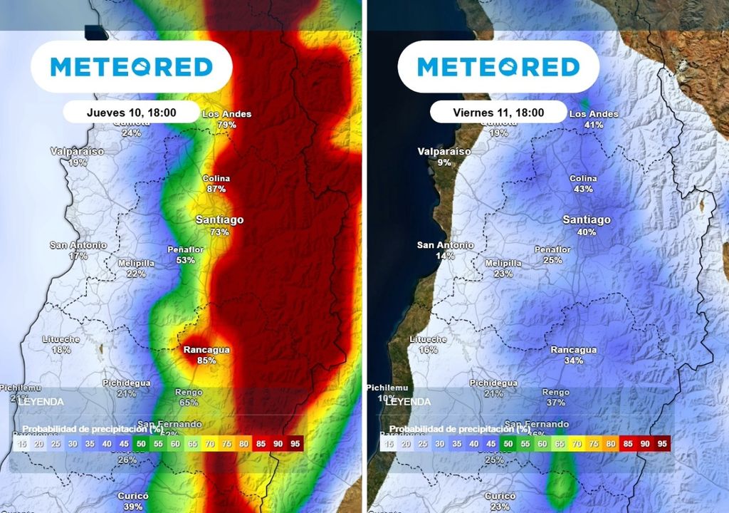 Probabilidad de lluvias Las probabilidad de ocurrencia de lluvias mantiene diferencias importantes entre jueves y viernes. Mientras el jueves superan el 70 % en Santiago, el viernes se mantienen en torno al 40 %.