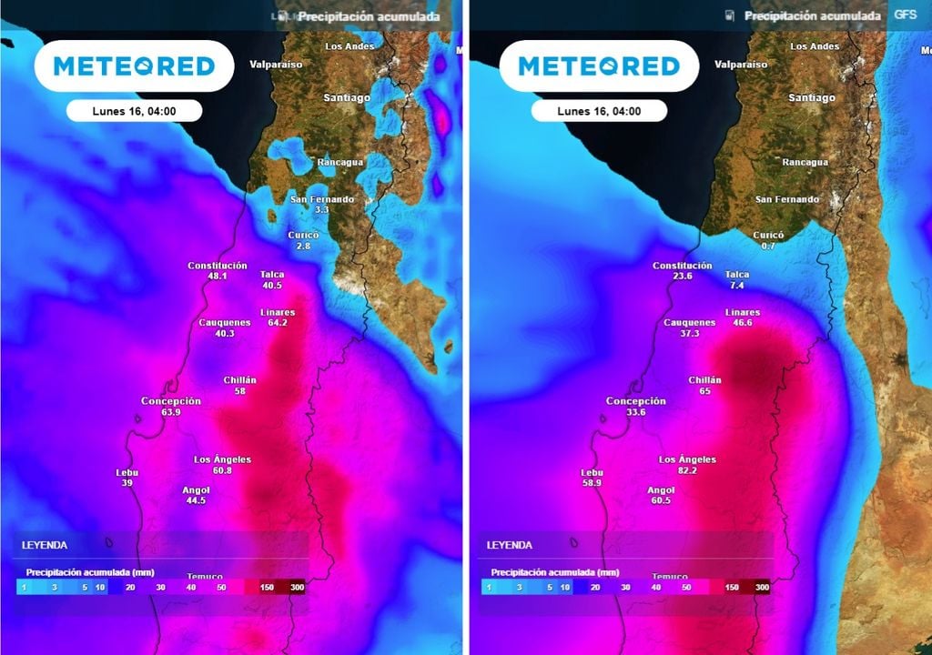 Los modelos ECMWF y GFS proyectan precipitaciones para el evento, con mayores montos en la simulación del modelo europeo. Aun así, ambos coinciden en que las lluvias más intensas se registrarán en zonas interiores.