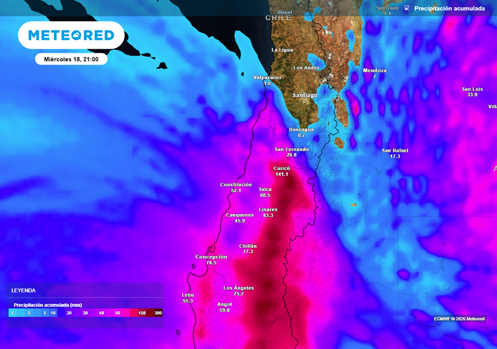 Proyección de precipitación acumulada hasta el miércoles: las lluvias podrían extenderse débilmente hacia Valparaíso y O’Higgins, mientras el centro sur suma nuevos milímetros con el paso de otros sistemas frontales.