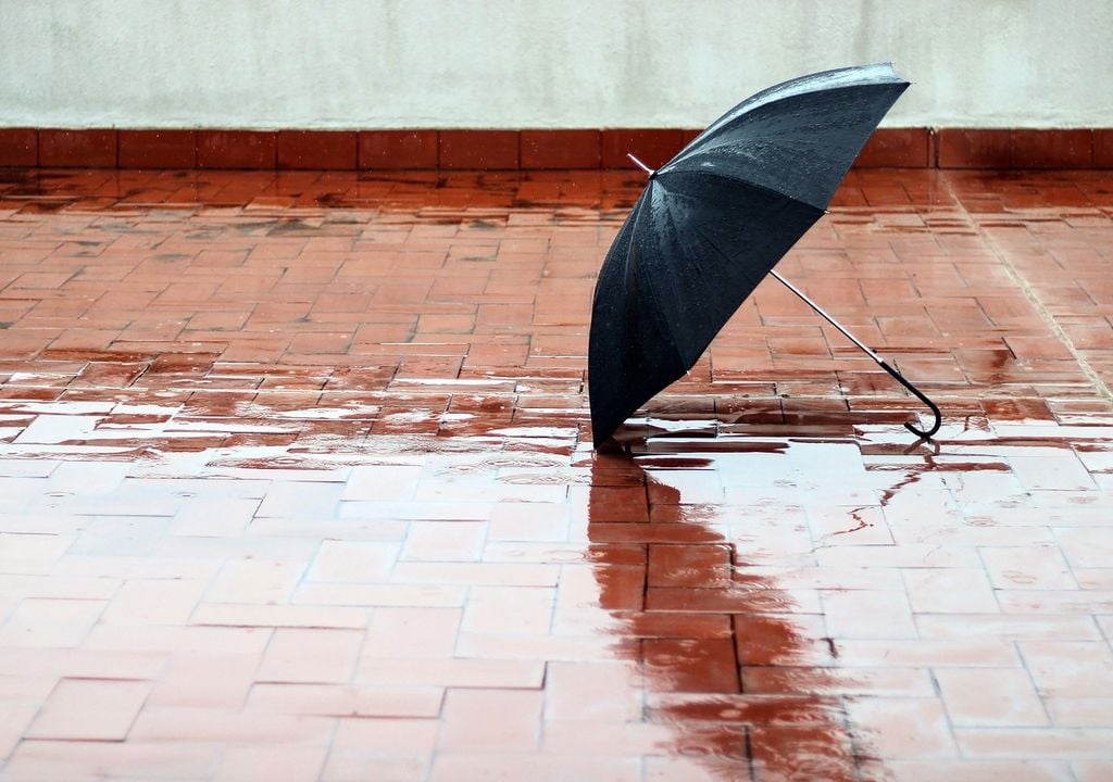 paraguas negro sobre suelo mojado de lluvia