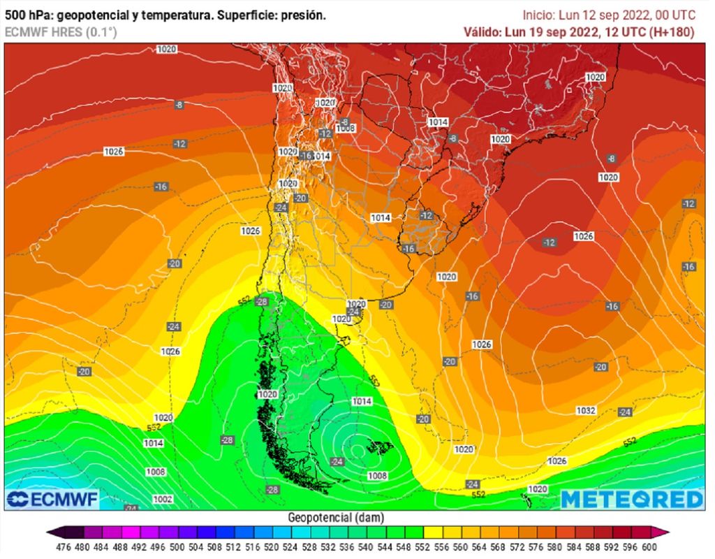 Modelo ECMWF, altura geopotencial 500 hectopascales, Chile Modelo ECMWF, altura geopotencial 500 hectopascales, Chile