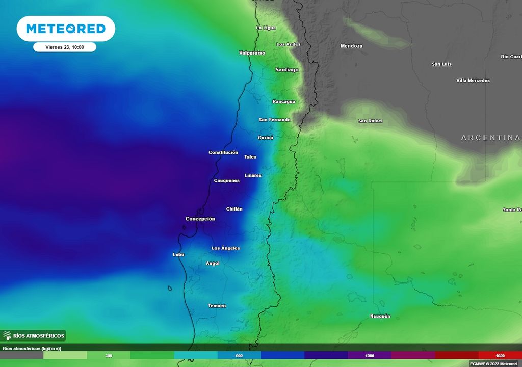 Imagen que muestra la zona más afectada por el río atmosférico que llegará a Chile. Imagen que muestra la zona más afectada por el río atmosférico que llegará a Chile.
