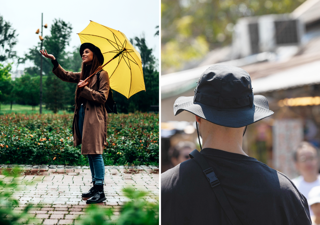 persona con paraguas bajo la lluvia. Otra persona con sombrero para protegerse del fuerte Sol Esta semana se cambia la hora. ¿Cambiará el tiempo?