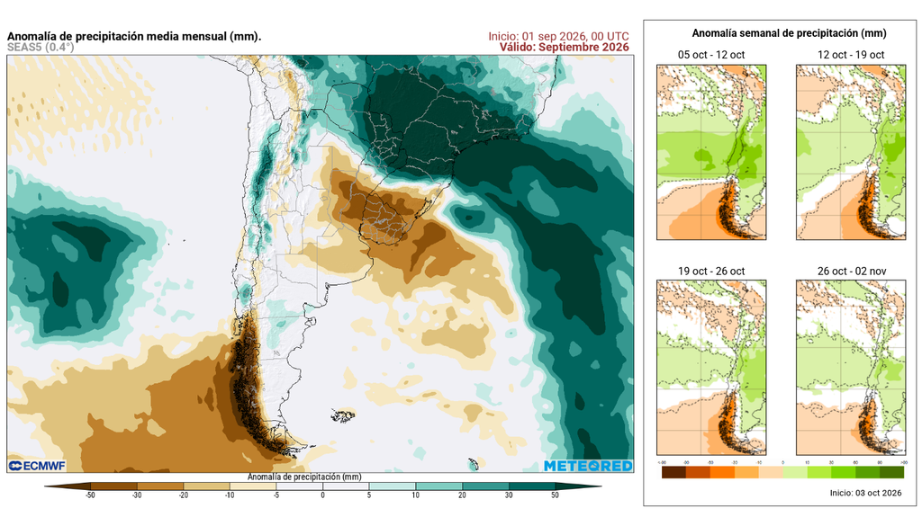 pronóstico Meteored y ECMWF Los datos más recientes apuntan a un aumento de la probabilidad de precipitaciones en la zona central de Chile, dejando a la capital con opciones para cerrar octubre con lluvias sobre el promedio.