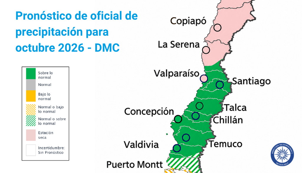pronóstico oficial para Chile La Dirección Meteorológica de Chile pronosticó un octubre con lluvias sobre el promedio en la Región Metropolitana y en todo el tramo central de Chile.