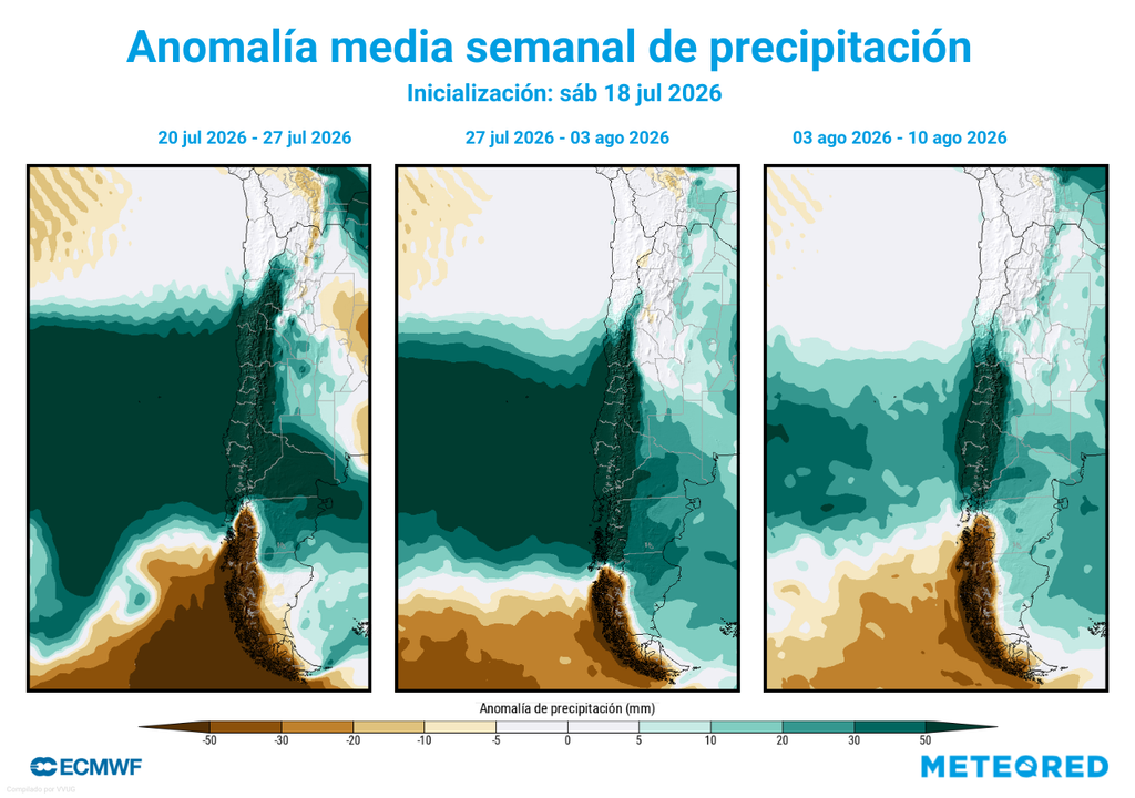 anomalías semanales de precipitación El patrón lluvioso sobre el Norte Chico, centro y sur de Chile permanecerá presente hasta la primera quincena de agosto.