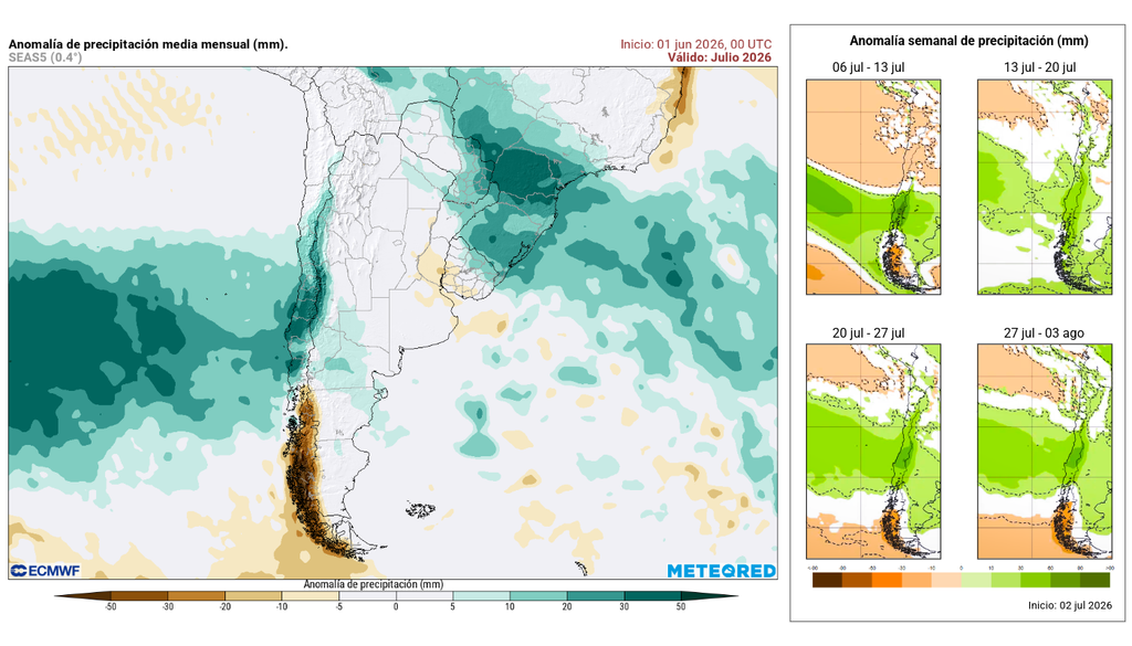 anomalías mensuales y semanales de precipitación Datos recientes del Centro Europeo indican que julio podría ser más lluvioso que junio en sectores de la zona central de Chile. Fuente: Meteored/ECMWF.