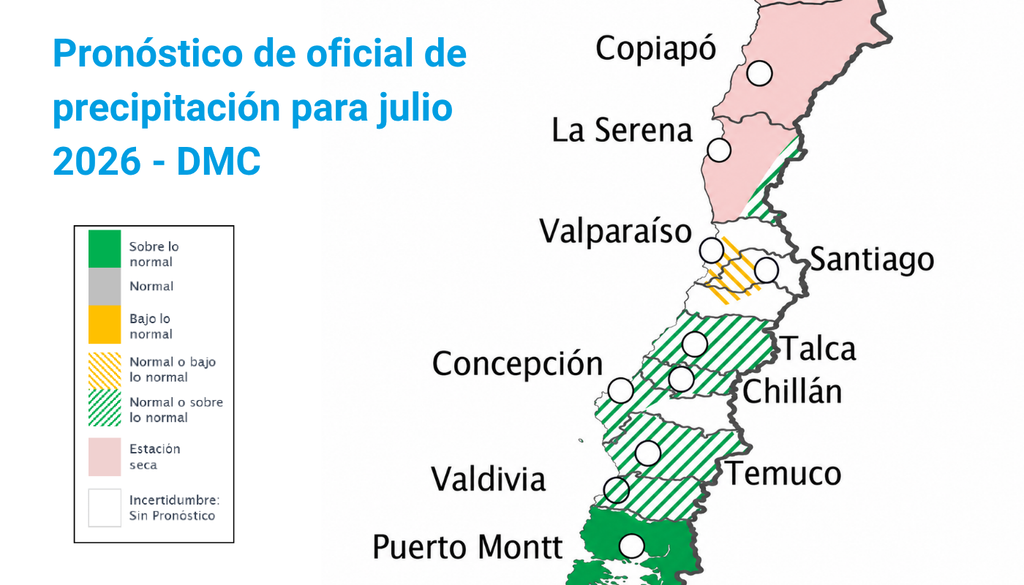 pronóstico de lluvias en julio 2026 de la DMC El pronóstico de la DMC resultó en una gran área de incertidumbre cuando se trata de lluvias durante el mes de julio en la Región Metropolitana. Fuente: Dirección Meteorológica de Chile.