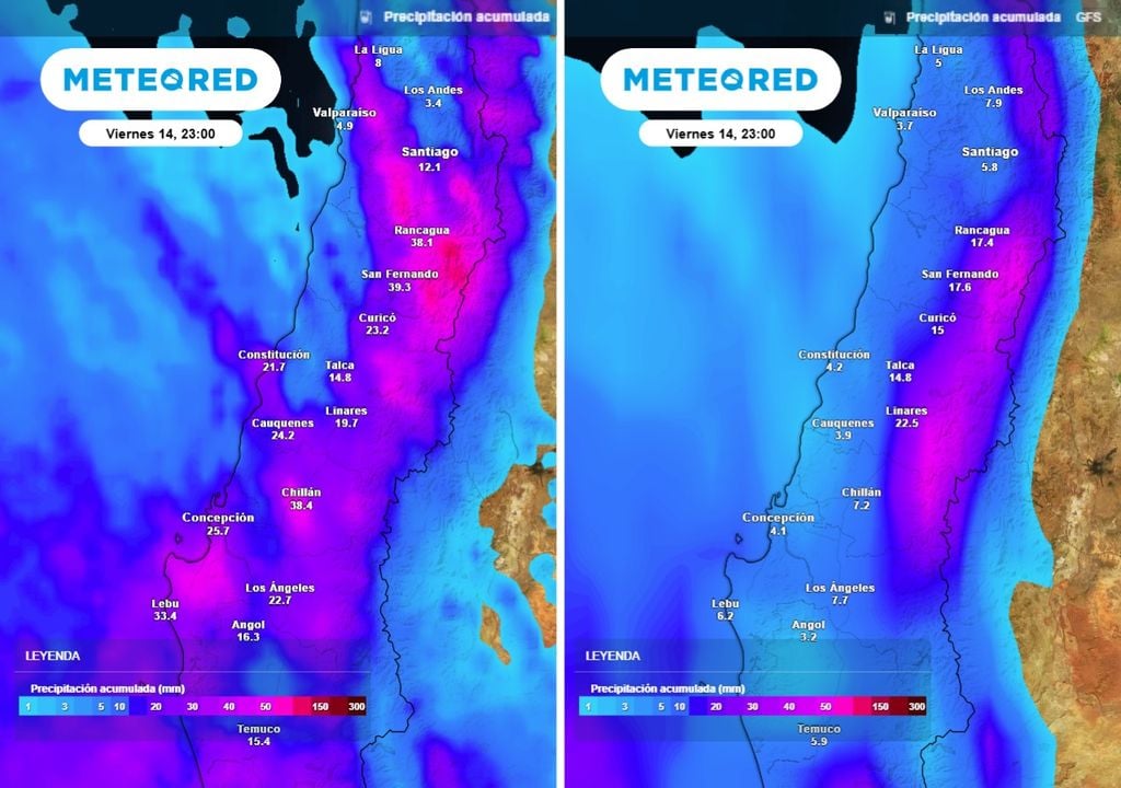 Precipitación acumulada hasta el día viernes en la noche. El modelo ECMWF muestra montos altos en en gran parte de Chile central mientras quye el GFS muestra mayores montos acumulados en la precordillera.