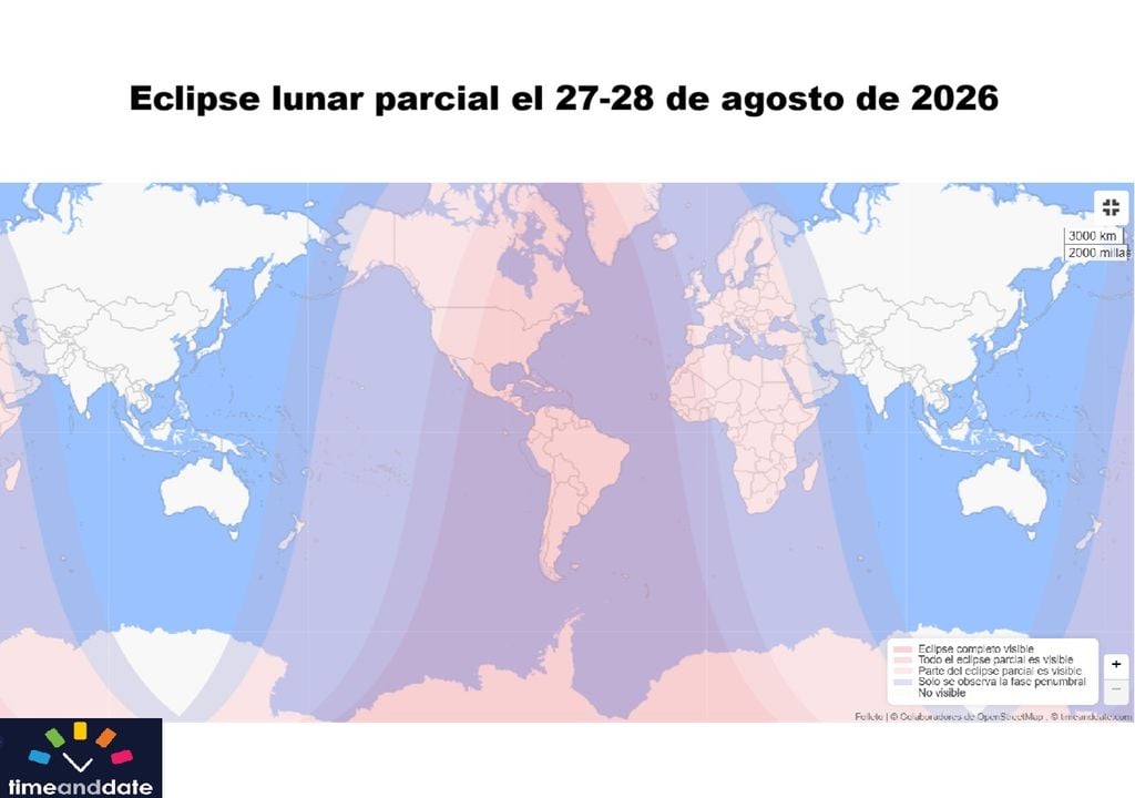 Mapa con la delimitación de las zonas que podrán ver el eclipse parcial de Luna el 27-28 de agosto de 2026. Mapa con la delimitación de las zonas que podrán ver el eclipse parcial de Luna el 27-28 de agosto de 2026. Créditos: Time and Date.