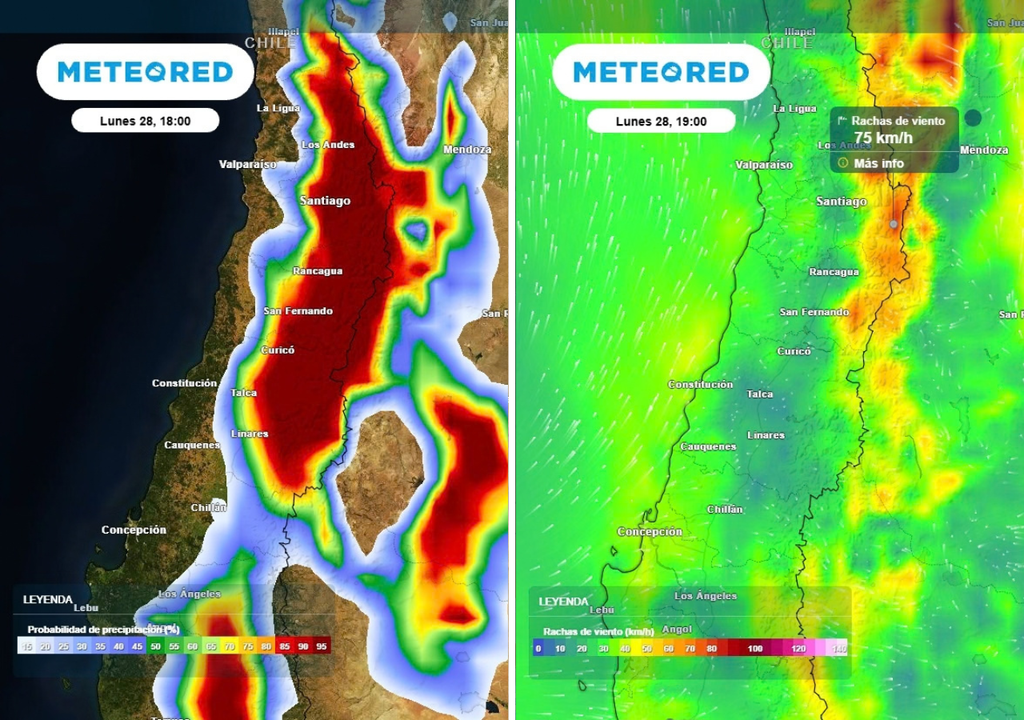 El lunes serán un día marcado por la inestabilidad, con mayor probabilidad de precipitaciones entre Maule y RM, y además con rachas de viento en torno a 70 km/h en cordillera.