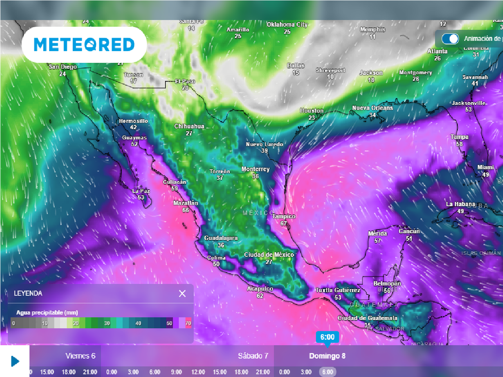 Pronóstico de agua precipitable en milímetros Pronóstico de agua precipitable en milímetros