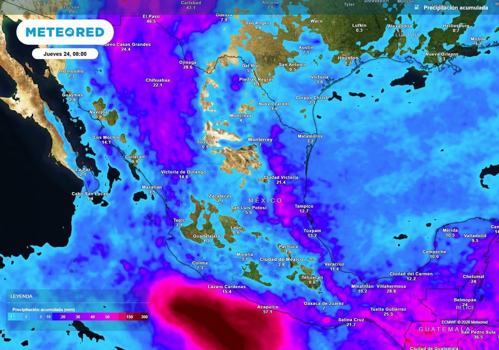 Pronóstico de lluvias acumuladas en milímetros Lo más relevante será entre Michoacán y Guerrero con lluvias torrenciales de 70-150 mm, incluso mayores. El norte, oriente y sureste tendrán tormentas fuertes.