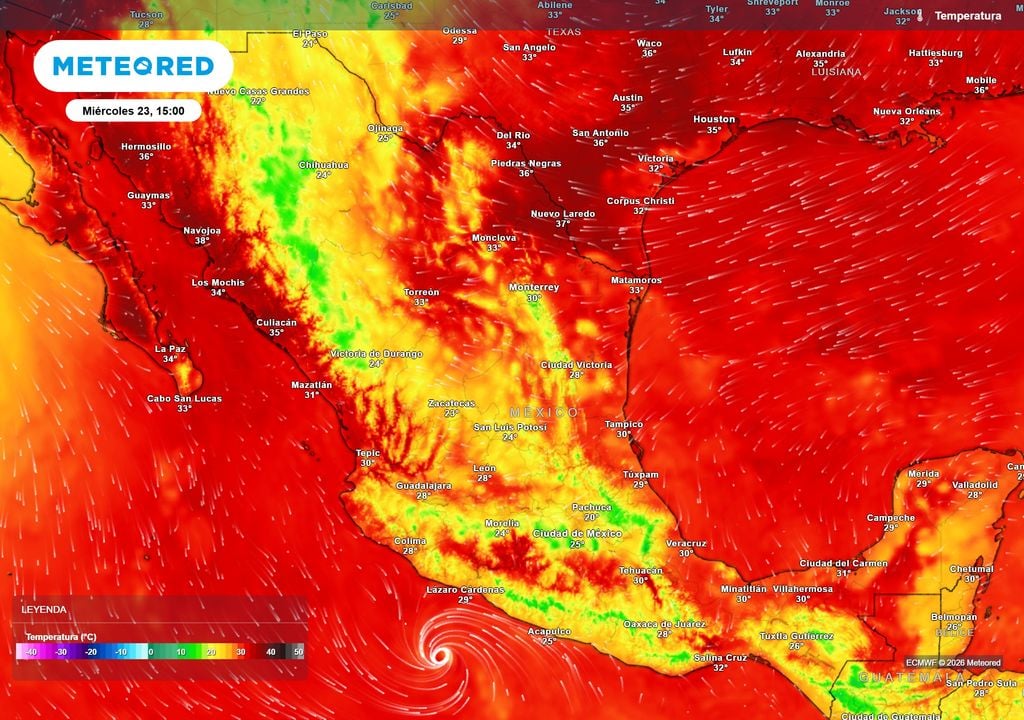 Pronóstico de temperaturas máximas en grados Celsius Las lluvias del norte, sur, oriente y sureste han reducido el calor con valores de 20-30 °C, aunque superará los 35-40 °C en el norte y estados costeros.