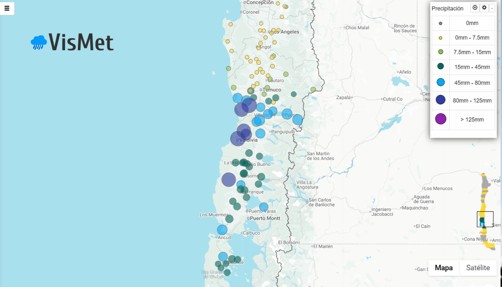 mapa vismet de precipitación acumulada. Mapa de precipitación acumulada muestra los mayores registros concentrados entre La Araucanía, Los Ríos y Los Lagos, con estaciones que superan los 80 mm y sectores puntuales sobre 125 mm. Fuente: VisMet.