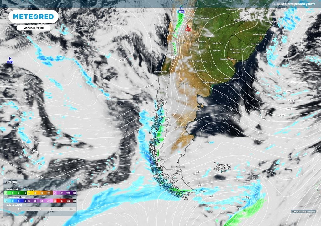 Durante el lunes y martes, las precipitaciones (débiles) se mantendrán concentradas principalmente en la Patagonia y sectores australes, mientras gran parte de la zona central continuará bajo condiciones más estables.