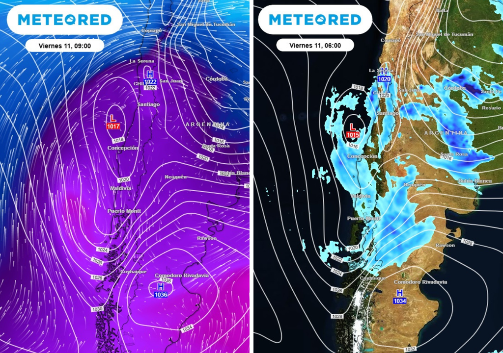 mapas del modelo ECMWF. Hacia el viernes, el ECMWF proyecta un núcleo de aire frío en altura coincidiendo con una baja presión frente a Chile central, una configuración que podría aumentar la inestabilidad y favorecer nubosidad, chubascos y precipitaciones irregulares desde la zona central hacia el sur.