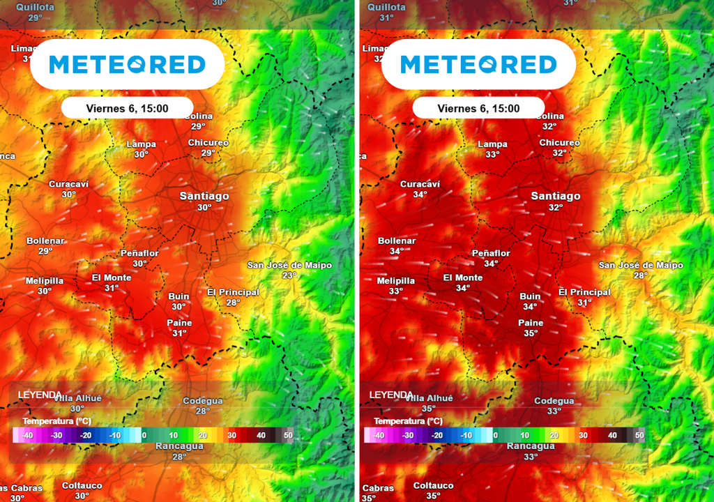 ECMWF y GFS Mientras el modelo ECMWF prevé sobre 30 °C en la RM, el modelo norteamericano GFS (imagen derecha) indica un comportamiento muy superior.