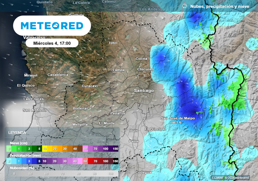 Lluvias y nubes La inestabilidad este miércoles podría alcanzar la precordillera metropolitana: San José de Maipo verá chubascos.