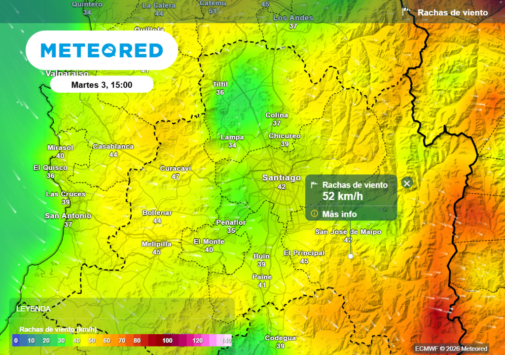 Rachas de viento Desde este martes se intensifica el viento en Santiago, tanto en el valle como en la cordillera, donde las rachas superarían los 50 km/h.