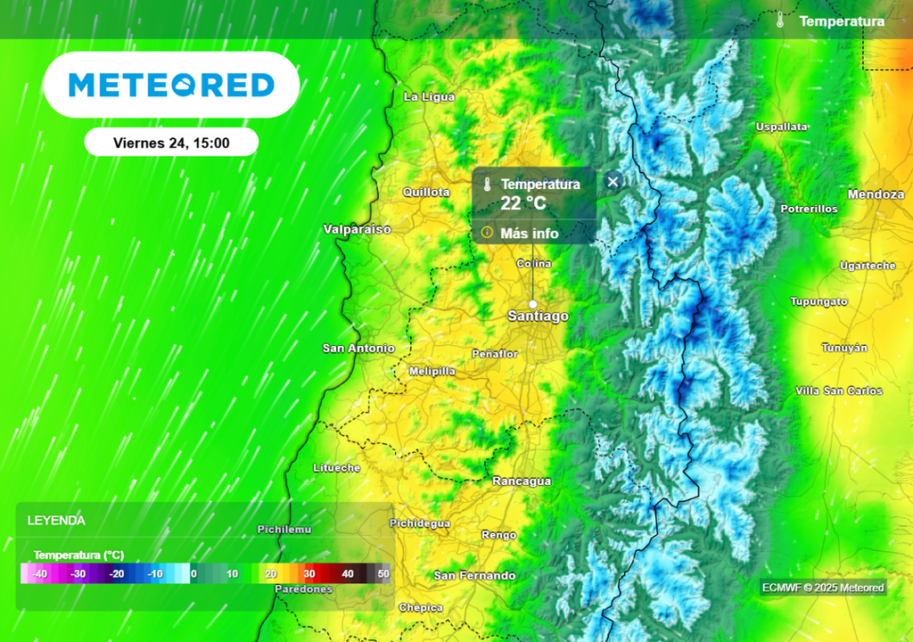 Según el ECMWF el próximo viernes podriamos tener temperaturas máximas entre 22 y 24 °C en zonas de Santiago.