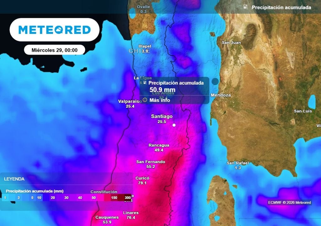 Aunque varias zonas tendrán acumulados superiores, el centro de Santiago podría sumar cerca de 25 mm durante todo este evento.
