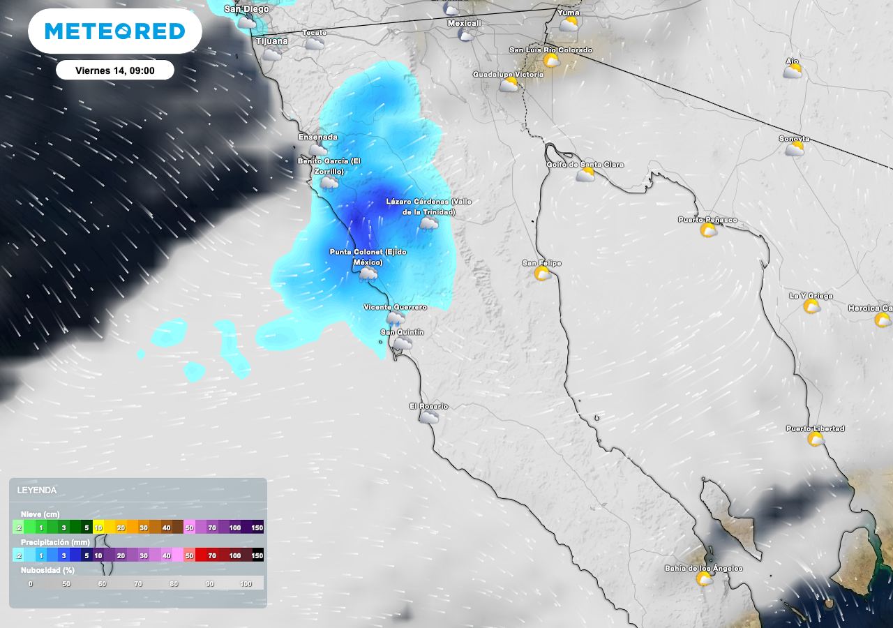 El frente frío 27 y la masa de aire que lo impulsa, originan chubascos, fuertes rachas de viento en gran parte del estado y la posible caída de nieve en las sierra central y norte de Baja California.