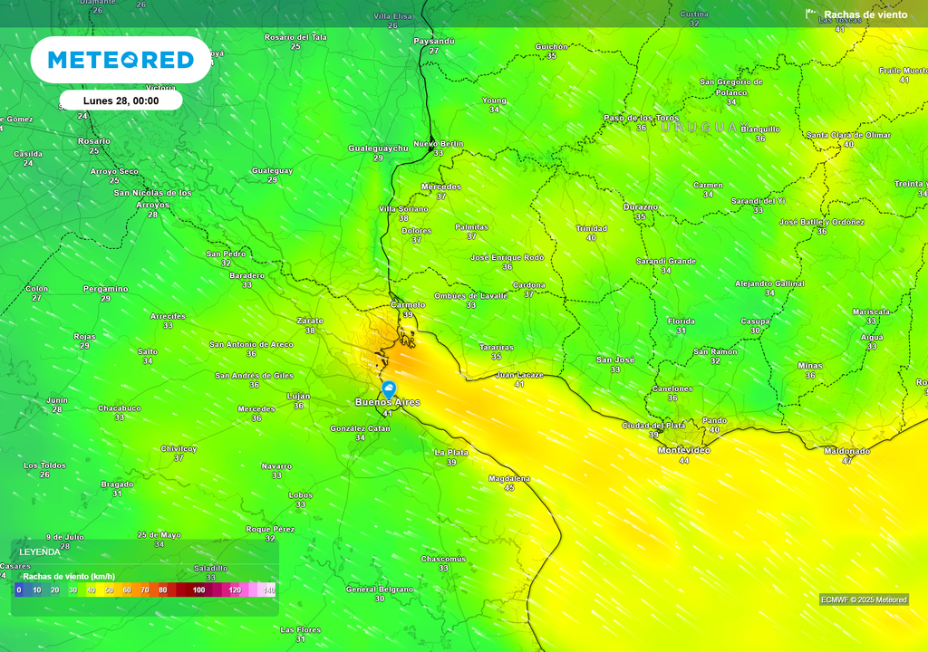 Ráfagas de viento en superficie para el día lunes 28/7/2025 a las 00 h, según el modelo ECMWF