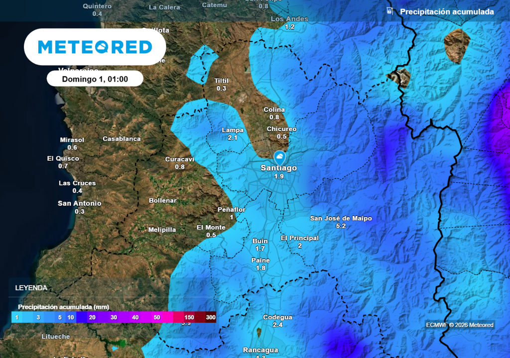 LLuvias acumuladas serían mayores en zonas cordilleranas: en el centro de Santiago será un evento débil.