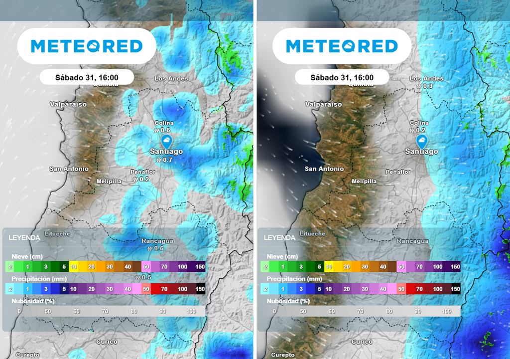 Modelo GFS (imagen derecha) indica un evento más acotado a las zonas cordilleranas, mientras el europeo muestra lluvias aisladas en los valles centrales.
