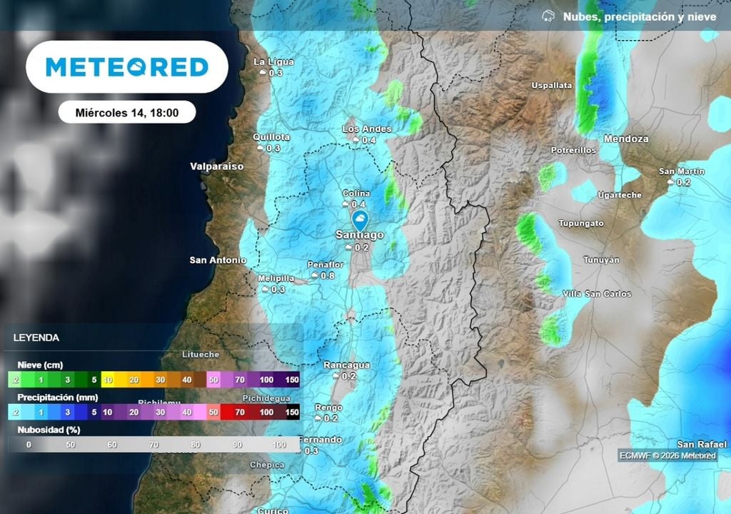 Lluvias La tarde del próximo miércoles podría seguir sumando lluvias a Santiago; sin embargo, serán débiles y aisladas.