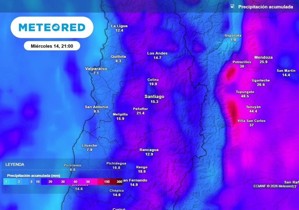 Precipitación acumulada Según el ECMWF entre el domingo y el próximo miércoles Santiago podría acumular hasta 15 mm en el centro de la ciudad.