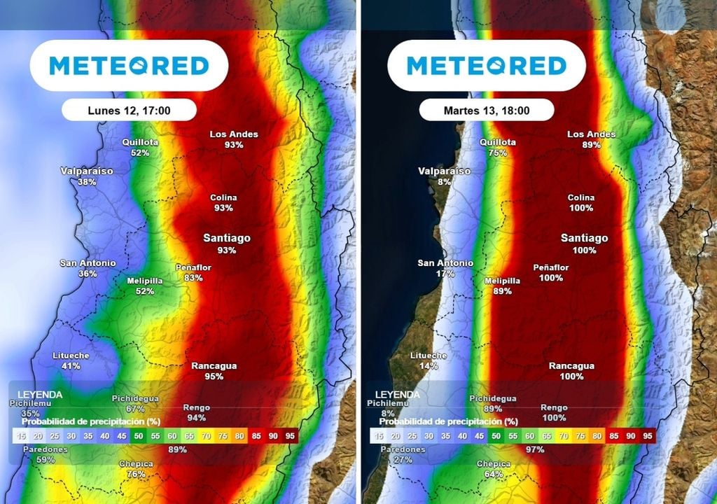 Probabilidad de lluvias Se espera que las lluvias tengan alta probabilidad de ocurrencia entre lunes y martes en Santiago, así lo muestra el ECMWF.