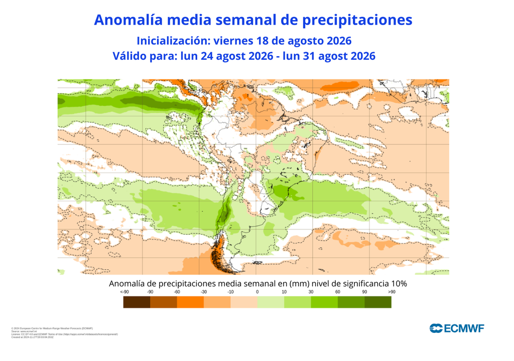 ECMWF La señal sigue siendo clara para la última semana de agosto: las lluvias volverían a la zona central del país.
