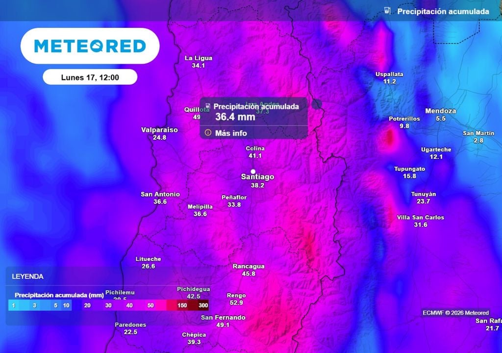 Acumulados Durante el fin de semana y las primeras horas del lunes Santiago podría superar los 30 mm de precipitaciones acumuladas.