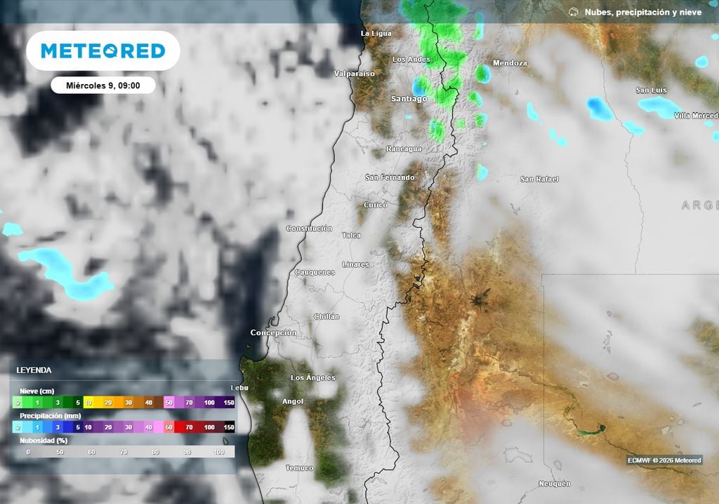 El miércoles comenzará con nieblas y nubosidad en sectores de la zona central, mientras se esperan precipitaciones y nieve principalmente en zonas cordilleranas. Las condiciones tenderán a mejorar durante la tarde.