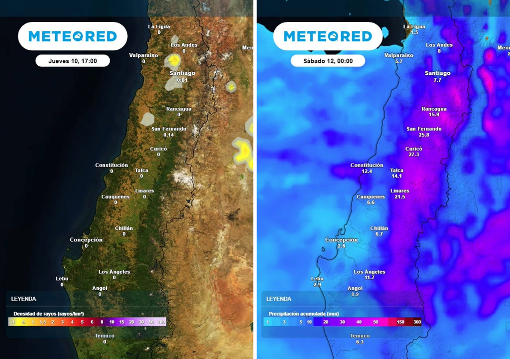 La mayor actividad eléctrica se concentrará durante el jueves en sectores del centro-norte del país, mientras que las precipitaciones se extenderán hacia la zona central, con los mayores acumulados hasta la noche del viernes en sectores precordilleranos.