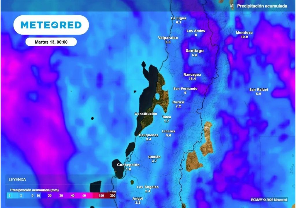 El lunes será la jornada más intensa de precipitación en Chile central.