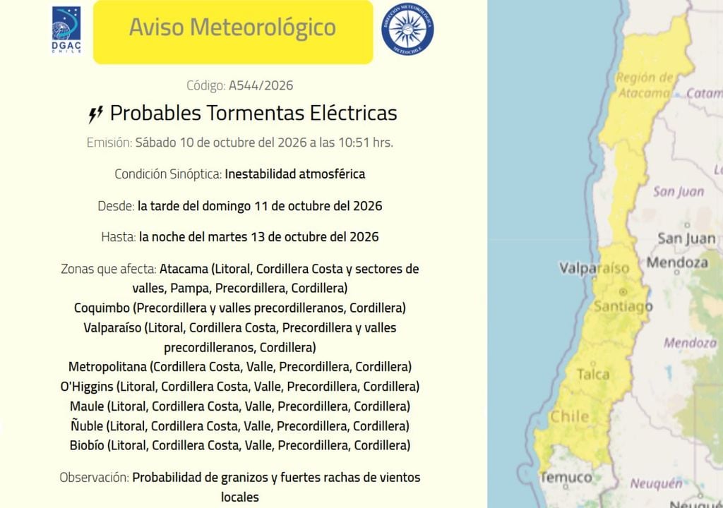 La inestabilidad dejará tormentas eléctricas en gran parte del territorio chileno, afectando fuertemente a la zona central.