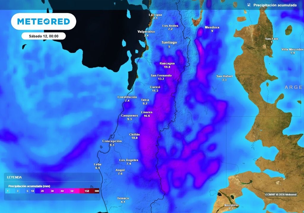 Los montos cumulados serán más intensos en sectores precordilleranos del centro sur, con acumulaciones que superarán los 15 mm.